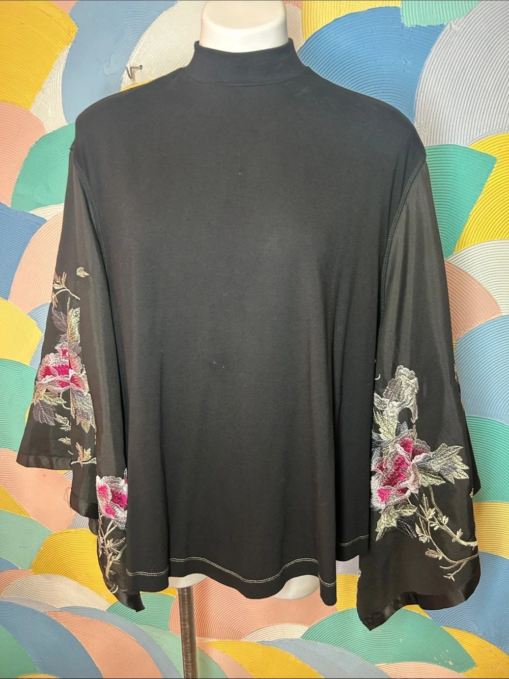 Free People Black Floral Embroidered Bell Sleeve Top